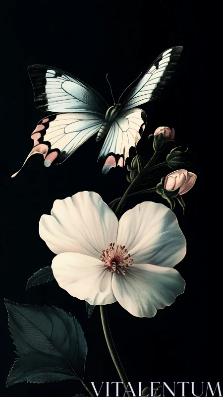 Botanical digital painting of white bloom and butterfly.