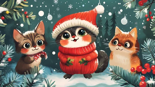 Three anthropomorphic cats rendered with festive holiday attire in winter scene composition