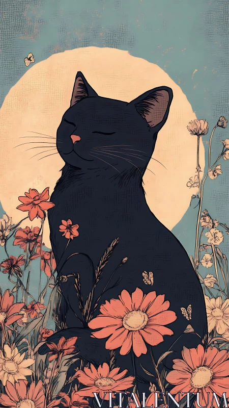 Black Cat Silhouette Against Luminous Moon in Floral Field.