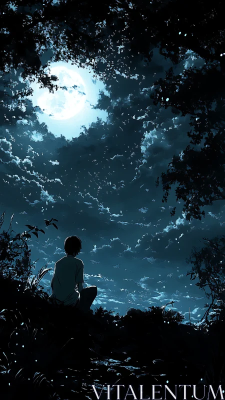 Moonlit clouds drift while a lone dreamer listens to silence