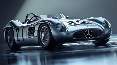 Silver vintage race car render with detailed reflections.