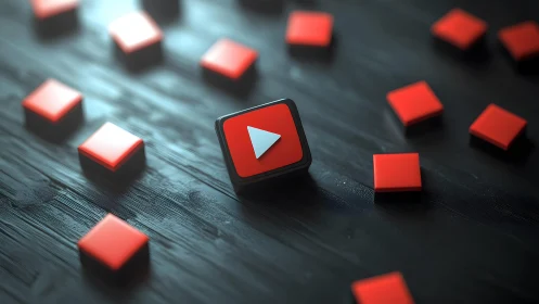 YouTube play button icon among red squares on dark wooden surface.