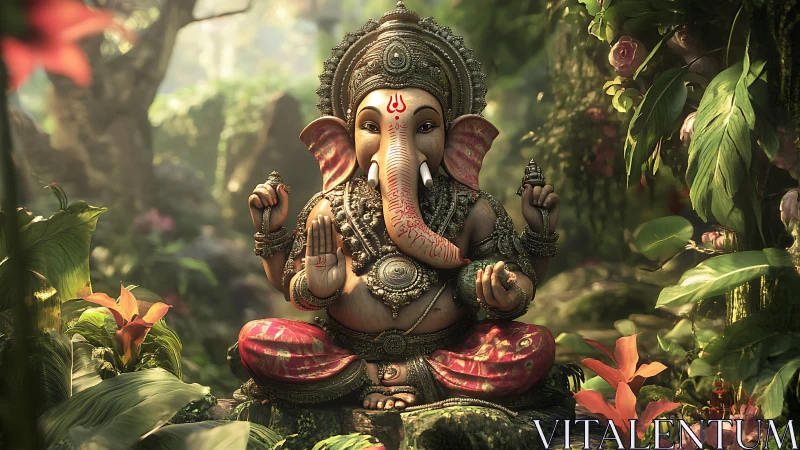 Rendered Ganesha figure seated in dense tropical garden setting