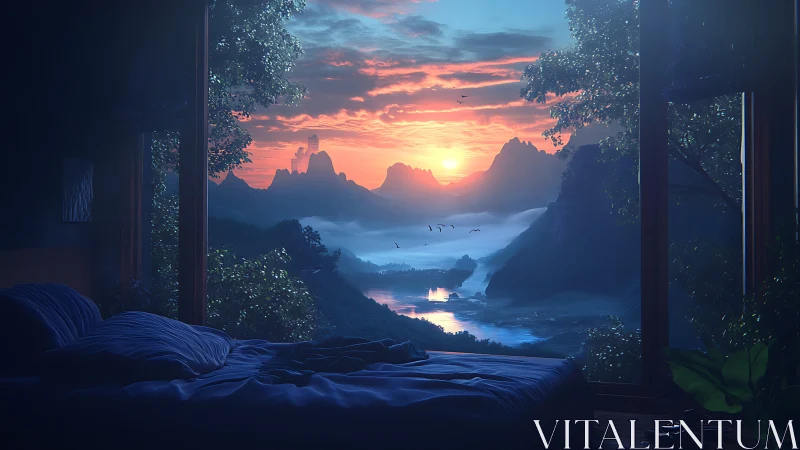 Bedroom sanctuary opens onto misty mountains at sunrise.