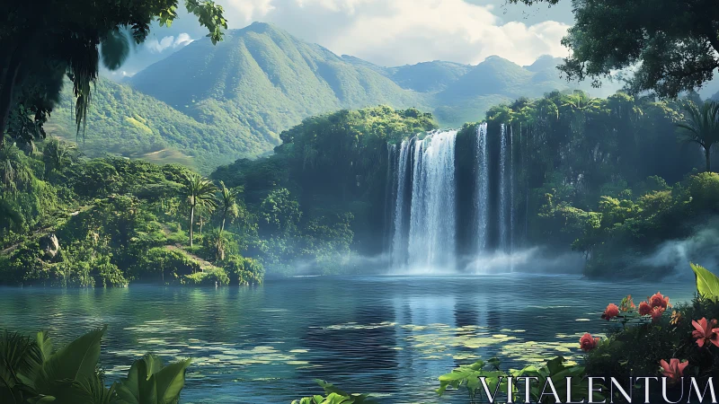 Waterfall and forest lagoon before distant green mountains.