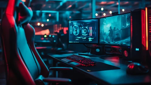 Dual-monitor gaming workstation in low ambient lighting setup.