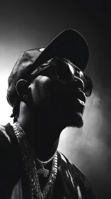 Side-lit monochrome portrait of man in cap and sunglasses.