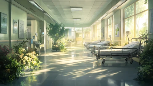 Hospital ward interior with abundant indoor vegetation and beds.