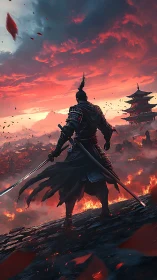 Lone samurai watches a burning valley under fierce red skies