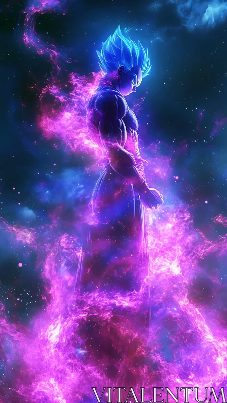 Celestial warrior in neon aura rendered with high-energy lighting