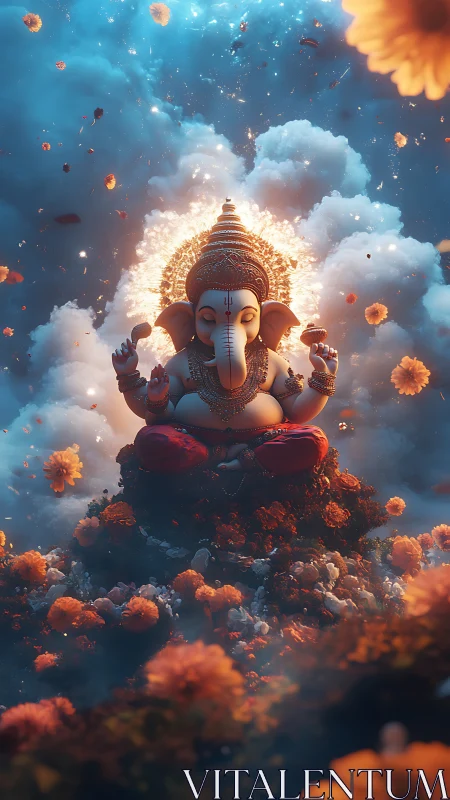 Ganesha statue sits amid glowing clouds and orange flowers