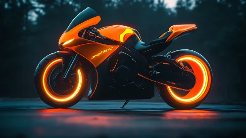 Neon storm superbike blazes through the misty forest night.