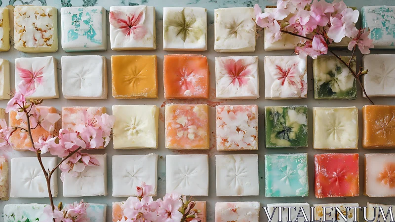 Pastel flower-pressed petit fours arranged in grid pattern