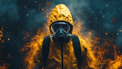 Hazmat figure in gas mask surrounded by intense flames.