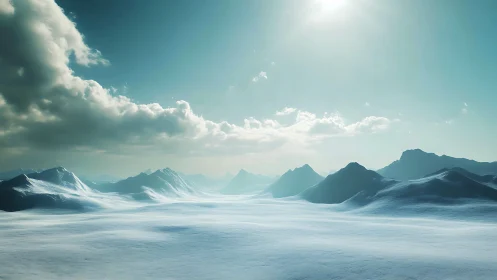 Sunlit ice plain beneath brooding clouds and distant peaks.