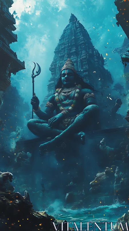 Majestic blue deity seated before towering temple spire.