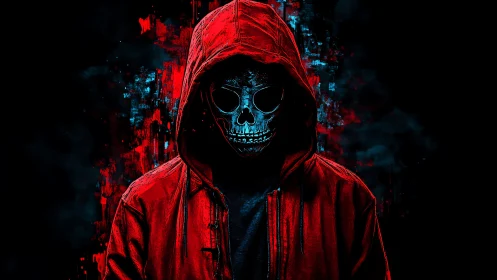 Hooded skull figure in red jacket on dark digital background.