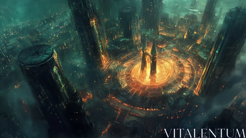 Luminous cyberpunk citadel glows at the core of a vast city