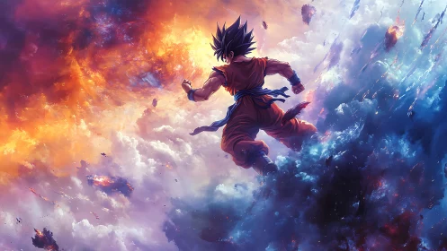 Anime warrior suspended in turbulent sky environment.