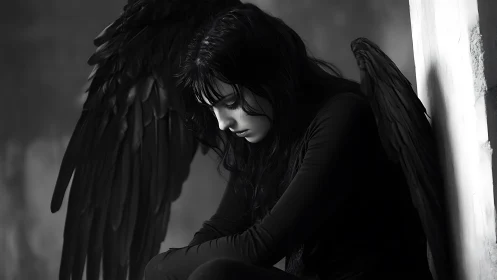 Monochrome fallen angel portrait with folded black wings.