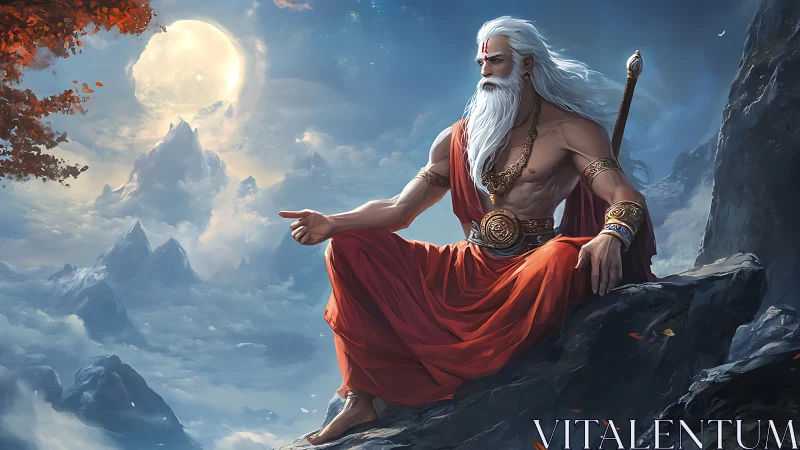 Moonlit sage rests above the clouds in serene meditation