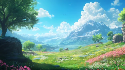 Springtime valley drifts toward storybook mountains of light