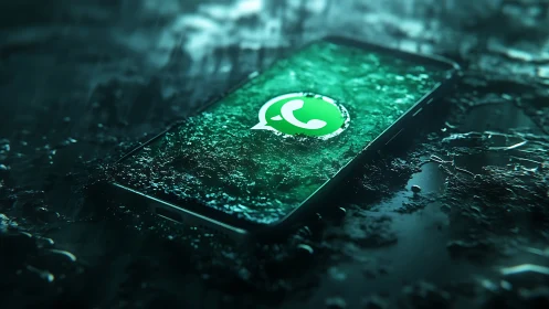 Smartphone with messaging app screen submerged in heavy rain