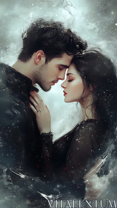 Intimate Moment in Snow: Digital Romance Rendered Through Ethereal Atmospherics.