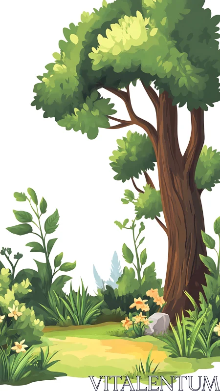 Stylized forest clearing with tall tree and flowering undergrowth