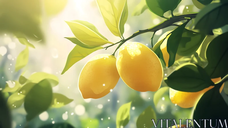 Sunlit lemons resting in a dreamy garden morning glow.
