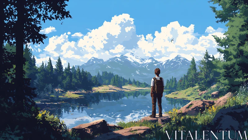 Wanderer pauses by mirror lake beneath roaming mountains.