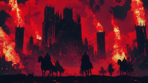 Dark citadel burns under crimson siege sky. Riders advance.