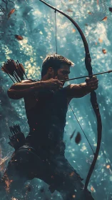 Male archer draws wooden bow in dramatic forest light.