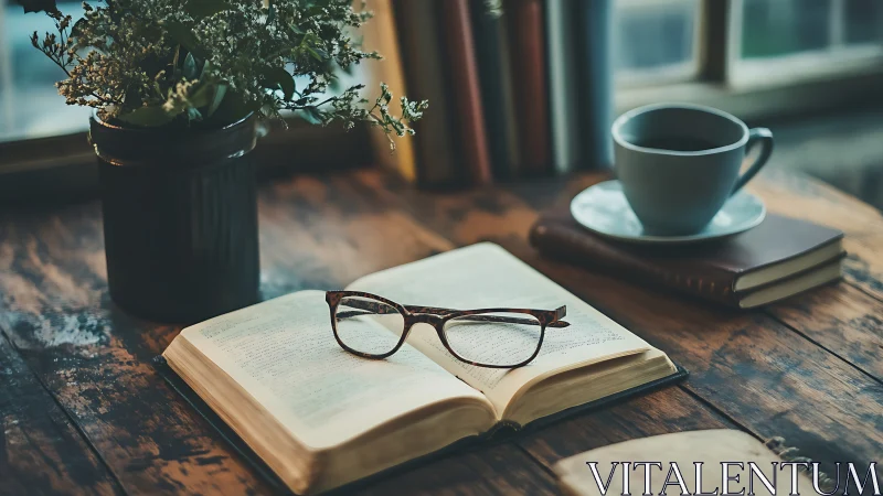Open book, reading glasses, and coffee on rustic table.