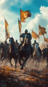 Armored cavalry charge under blazing battle banners.