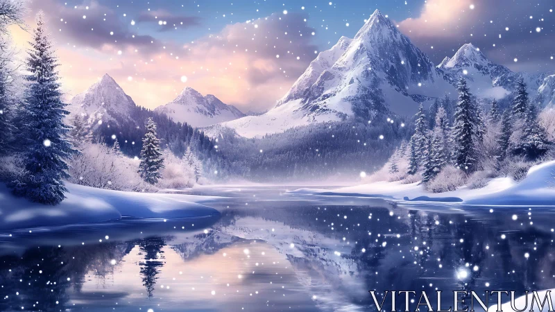 Snowfall serenade over glassy alpine twilight lake.