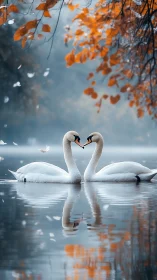 Two white swans forming heart shape in water beneath autumn foliage.