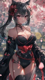 Cat-eared anime shrine maiden in black kimono under blooming sakura