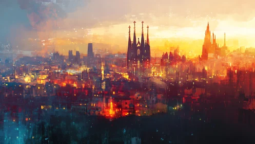Sunlit spires crown a neon-brushed dream of Barcelona.