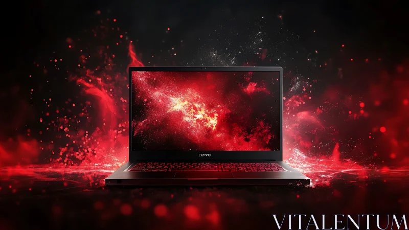 Laptop portal spills a cosmic red nebula into the dark