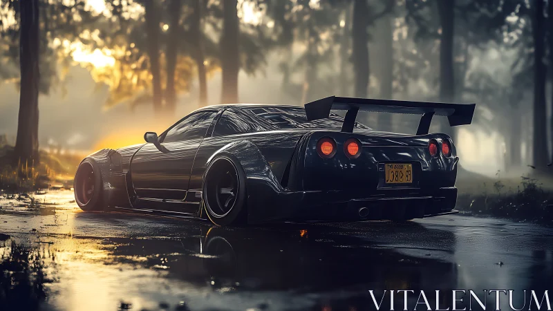 Widebody sports car in reflective wet forest sunset scene.