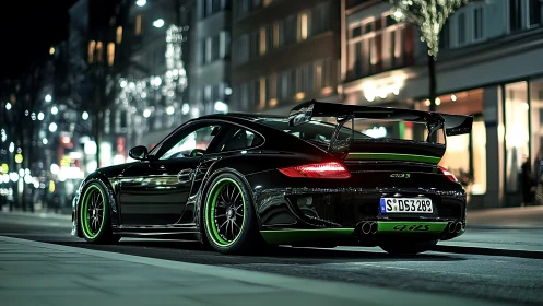 Black GT3 sports car is parked on an illuminated city street