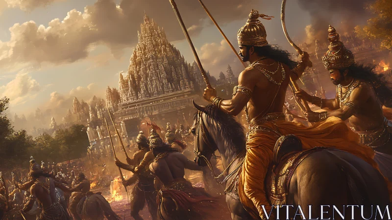 Warriors on horseback charge toward burning temple city