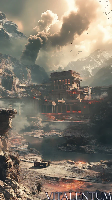 Stormlit fortress rises over a smoldering volcanic valley