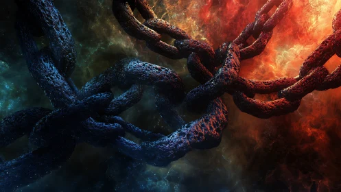 Cosmic chains crossing where firelight meets starlit shadow.