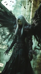 Dark winged guardian stands in misty ruined cathedral