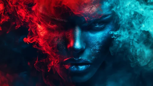Fierce dual-tone portrait wrapped in swirling red and blue haze.