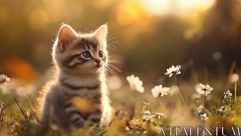 Tabby Kitten in Sunlit Meadow with Wildflowers.
