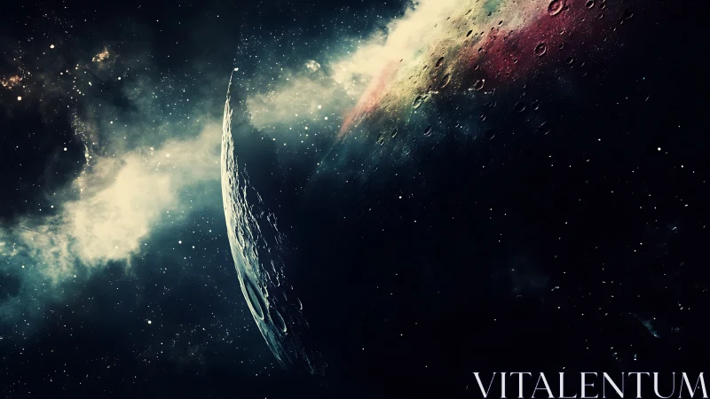 Half-lit cratered world leans into a storm of distant stars