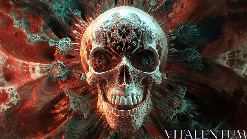 Fractal mechanized skull in turbulent chromatic vortex field.
